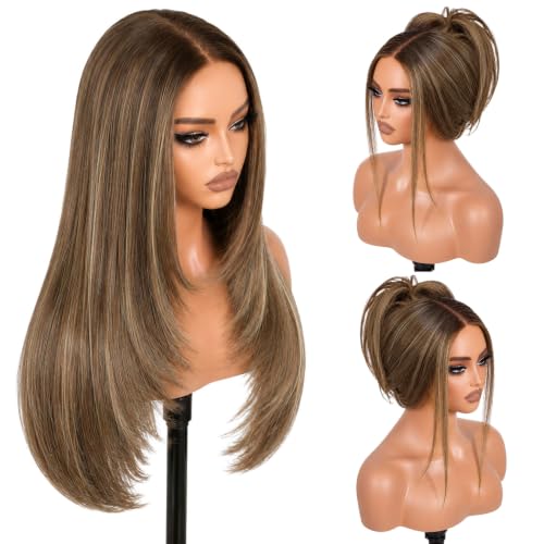 NOSTALGIA Ash Brown Highlight Lace Front Wig 26 Inch Straight