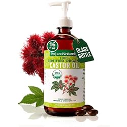 RejuveNaturals Castor Oil (16oz Glass Bottle) USDA Certified Organic, 100% Pure, Cold Pressed, Hexane Free. Boost Hair Growth for Thicker, Fuller Hair, Lashes & Eyebrows.