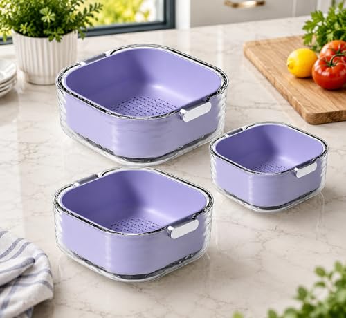 Image of 3-in-1 Vegetable Washing Basket with Drain Tray Set of 3,Kitchen Strainer & Colander Bowl,BPA-Free Vegetable & Fruit Washer with Handle (Purple)