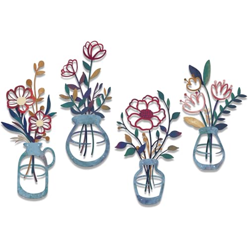 twinklemon 4 Pcs Colorful Metal Flowers Wall Art Decoration, Minimalist Line Vase Hanging Wall Decor, Floral Artwork Sculptures Decor for Bedroom Living Room Bathroom Kitchen Home Hallway Stairs