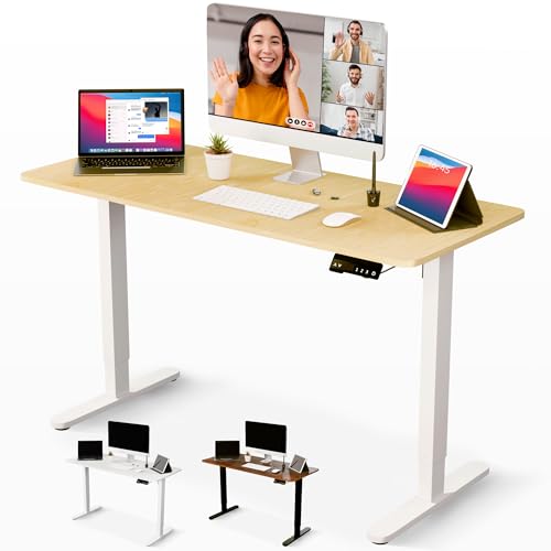 JUPPLIES Escritorio Elevable Electrico 120 x 60 cm - Mesa Elevable Escritorio Ajustable en Altura con Panel Inteligente de 3 Memorias - Standing Desk Oficina en Casa - Blanco y Madera Clara