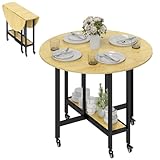 HOMCOM Table à Manger Pliante sur roulettes, Table de Cuisine Ronde pour 4 Personnes avec 2 abattants et étagère inférieure, pour Petits espaces, Salle à Manger, 100 x 100 x 75 cm, chêne