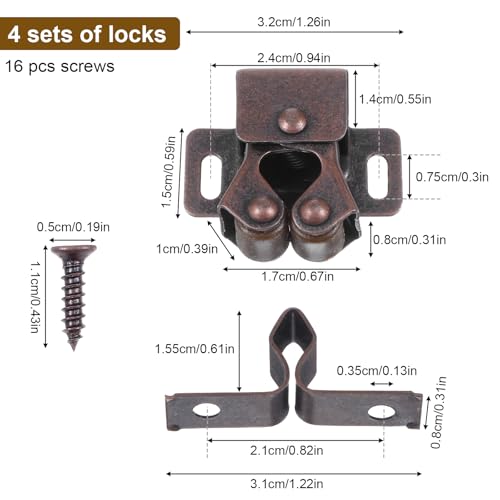 4Pcs Cabinet Latch, Latches Hardware Double Roller Catch for Cabinet Cupboard Closet Doors Latches and Catches (Bronze) - Thumbnail 2