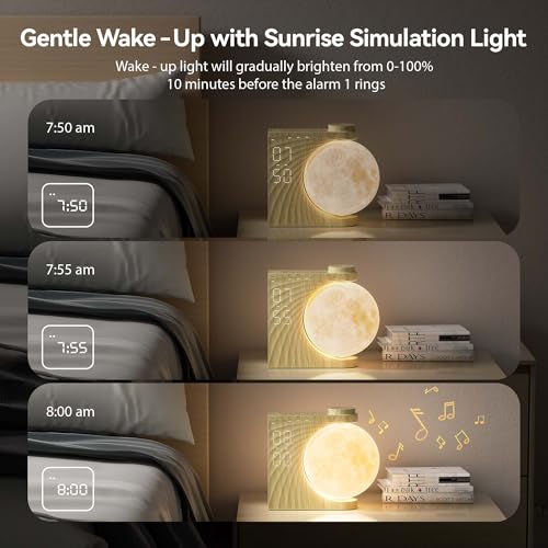 Rotatable Moonlight Alarm Clock, Sunrise Alarm Sleep Sound Machines, Night Lamp for Bedrooms with Snooze Function, 10 Light Effects, 30/60/90 Timer, 10 Sleep Nature Sounds, 15 Ringtones, 12 Volume