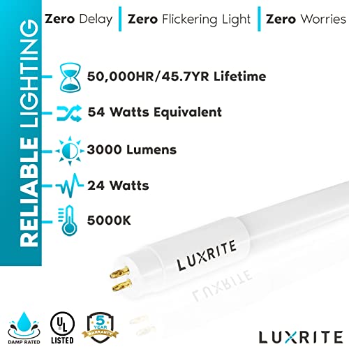 LUXRITE 4FT T5 LED Tube Lights, Type A+B, 24W=54W, 5000K Bright White, 45.78", Ballast and Ballast Bypass Compatible, Single or Double End Powered, F54T5 Fluorescent Replacement, Damp Rated (4 Pack) by LUXRITE - Image 6
