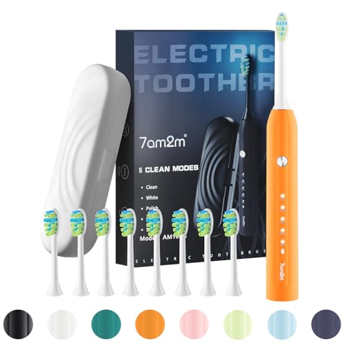 7AM2M Sonic Electric Toothbrush for Adults and Kids, with 8 Brush Heads and Travel Case,5 Modes with 2 Minutes Build in Smart Timer, One Charge Use for 90 Days, Rechargeable Toothbrushes (Orange)