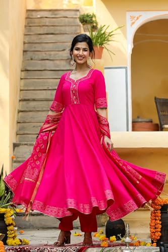 Image of GoSriKi Women's Rayon Blend Anarkali Solid Kurta with Pant & Dupatta