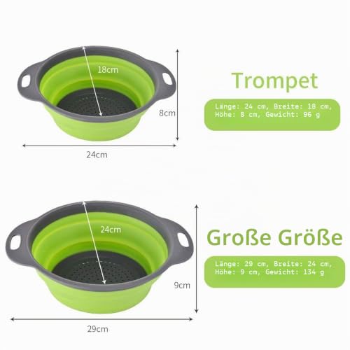 Foto von ZUOFENG Faltbarer Seiher Sieb, Küche Silikon Klappbar Abtropfsieb Nudelsieb, Umweltfreundlich Non-Toxic Leicht zu Reinigen, 2 Größe Einschließlich 8 Und 9,5 Zoll. (Grün)
