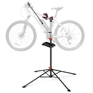 VOUNOT® Caballete Bicicleta Portátil, Soporte Reparación Bicicleta con Bandeja de Herramientas, Altura Ajustable, Soporte Caballete con 4 Patas Plegable, Pinza Giratoria a 360°