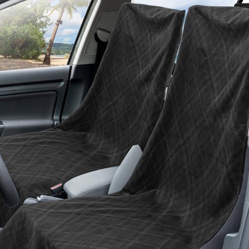 Image of Hahafelt 1 Pack Car Seat Towel Cover with Storage Bag, Black Plaid Style | 63 x 32 in Car Towel Seat Cover Non Slip Waterproof, Gym Workout Swimming Running, Machine Washable Sweat Absorbent Protector