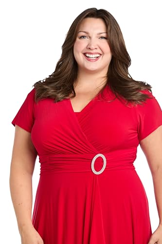 Image of R&M Richards Women's Cascade Wrap Dress with V-Neck & O-Ring Rhinestone Buckle, Work to Weekend Short Sleeve Flowy Silhouette
