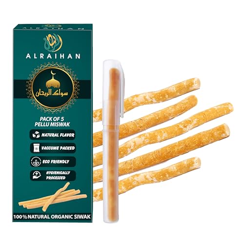 Al Raihan 5 Pcs Miswak Sticks with Holder for Cleaning Teeth - Vacuum Sealed Natural Flavored Tooth Brush - Traditional Chew Sticks for Teeth Whitening Oral Health & Fresh Breath || Pack of 5
