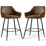 JYMTOM Lot 2 Tabourets de Bar Bruns, Chaises de Salon, Chaises de Bar, Siège en Similicuir avec Dossier, Accoudoir et Repose Pieds Métallique pour Bistrots,Bar,Bureau (2, Brun PU)