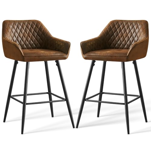 JYMTOM Lot 2 Tabourets de Bar Bruns, Chaises de Salon, Chaises de Bar, Siège en Similicuir avec Dossier, Accoudoir et Repose-Pieds Métallique pour...