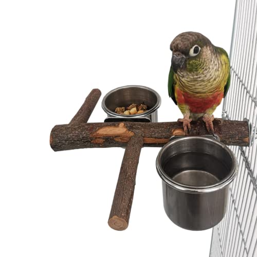 Barn Eleven Bird Wood Stand Perch With Stainless Steel Food Water Feeding Bowl For Parrot Parakeet Cockatiel Cage Accessories (Small) #TOP7