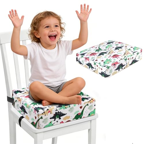 KBIBCK Rialzo Sedia Bambini,Cuscino Rialzo Sedia per Bambini,Lavabile Rimovibile Portatile,Cuscino per Sedia Seggiolino,Rialzo Sedia Bambinis da Tavolo con Regolabile Cinghiette Antiscivolo(Dinosauri)