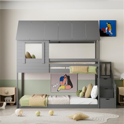 buiesjole Etagenbett Aus Holz Mit Treppe Und Geländer, Hochbett Mit Stauraum Und Lattenrost, Kinderbett Mit Dachschräge Und Fenster, Perfekt Für Das Kinderzimmer(Color:Grau)