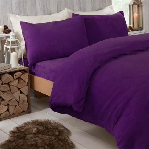 Rohi Purple Luxury Soft Teddy Fleece Duvet Cover Set – Thermal Warm Fluffy Duvet Cover with Matching Pillow Cases – Anti Allergy Teddy Bear Bedding, Double
