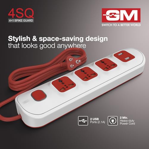 Image of GM 3251 4 Way Extension Board with 2 USB Port | Safety Shutter |for Power Requirements Up to 1440W |1.5 Mtr ISI Certified Copper Wire| LED Indicator | Rating -6A, 240V | Home & Office Use, 10 Volts