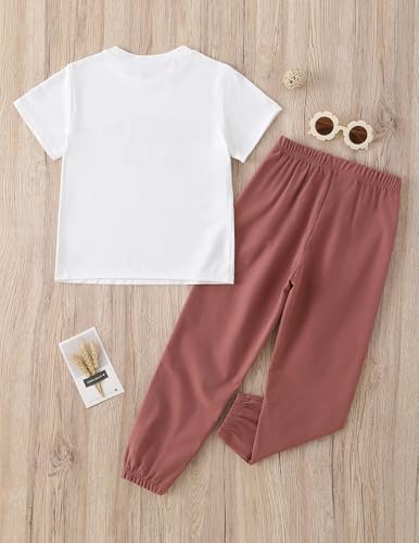 Image of Girls 2 Piece Pants Sets Graphic Cute T-shirt and Jogger Pants Girls Outfits for Casual, Dance Brick Red /White 9-10 Years