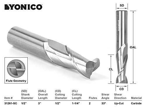 Image of YONICO CNC Endmill Router Bit Solid Carbide 1 /2-Inch Diameter X 1-1 /4-Inch Cutting Length 1 /2-Inch Shank 14424
