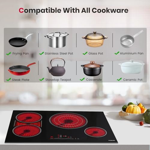 GASLAND Electric Cooktop 30 Inch, 4 Burners Radiant Glass Stove Top, ETL & FCC Certificated, Drop-in Ceramic Cooktop, Slide Touch Control, Child Safety Lock, Hot Surface Indicator, 240V, CH774BF34A