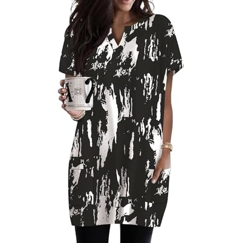 Rapbin Womens Tunics or Tops to Wear with Leggings Short Sleeve V Neck Long T-Shirts with Pockets 2026 Spring Shirts Black White Large