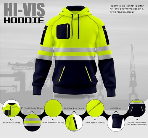 Mens Hi Vis Work Wear Pullover Hoodie Safety Sweatshirt Reflective Tape High Viz Hoodie High Visibility Sweatshirt Top Multi Zipper Pockets S-2XL - 5