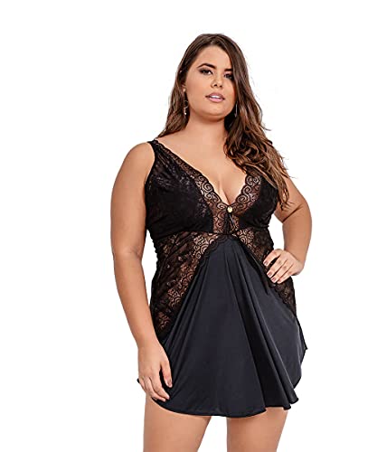 Camisola IMI Lingerie Sexy Com Calcinha Em Microfibra E Renda Bianca Preta Tamanho:G