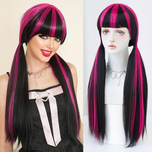 7JHH WIGS Wigs 28in Long Straight Wig Halloween Lolita Double Ponytail Wig for Women Black Wig with Rose Pink Highlight Cosplay Party wigs High Temperature Heat Resistant Fiber Natural Hairline Wig