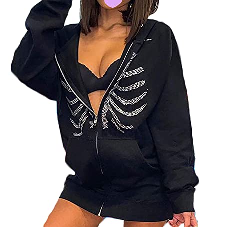 Women Y2K Long Sleeve Zip Up Hoodie Jacket Skull Vintage Casual Cardigan Sweatshirt With Pocket (Rhinestone Skeleton Black, M) #TOP6