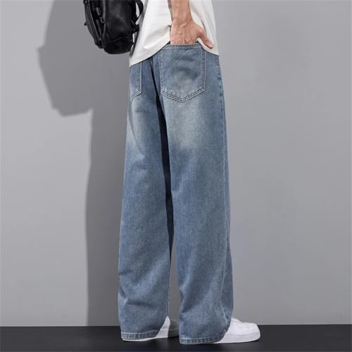 Men's Zippered Washed Jeans Cotton Mid-Rise Straight Loose Jeans3