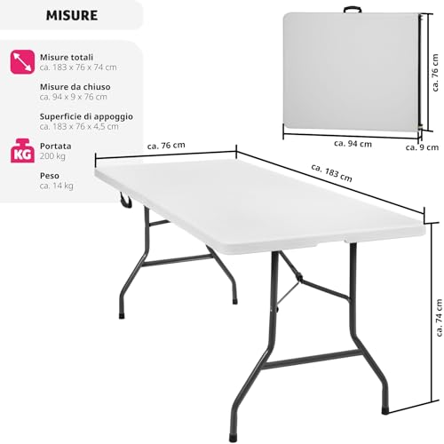 Tectake® Tavolo Da Campeggio Pieghevole Con Maniglia, Tavolo Salvaspazio, Tavolo Da Giardino Con Base In Acciaio, Tavolino Portatile, Resistente Alle Intemperie, 183 X 76 X 74 Cm - Bianco - 2
