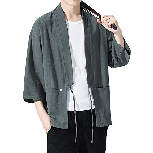 Haseil Men\'s Kimono Cardigan Japanese Jackets Casual Cotton 3/4 Sleeve Shirt Open Front Coat Lightweight Linen Outwear, Grey, Tagsize 4XL=USsize 2XL