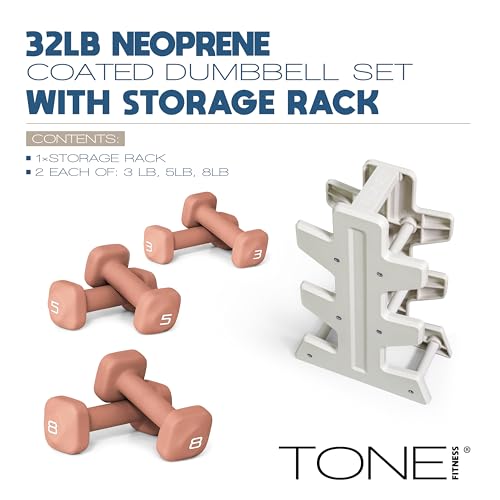 Image of Tone Fitness Neoprene Dumbbell Set with Storage Rack - Non-Slip, Anti-Roll Hand Weights for Home Gym Workouts | 20 lb, 32 lb, 50 lb, 60 lb & 100 lb Options