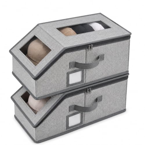 Qesea Hat Storage 2pcs Light Grey Hat Organizer Box with Clear Window
