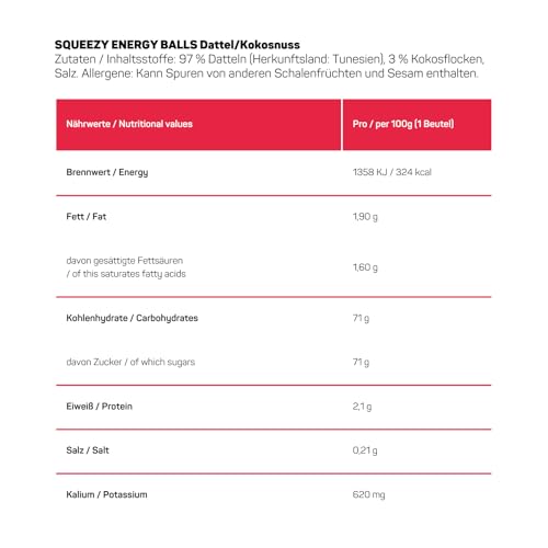 Squeezy Energy Balls (Dattel/Kokosnuss) 10x50g – High-Carb Ausdauersnack mit 71 g Kohlenhydraten | Mit Natrium & Kalium | Fettarm | Kompostierbare Verpackung | Ideal für Sport & unterwegs