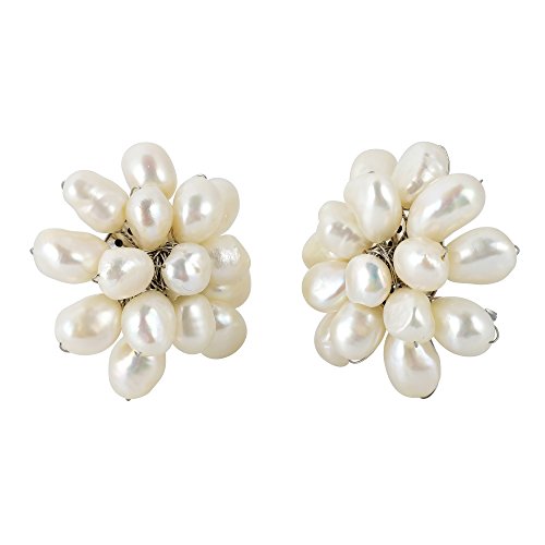 Aeravida Large Cultured Freshwater White Pearl Floral Cluster Stylish Clip On Statement Earrings | Beaded Pearl Earrings For Women | Handmade Cultured Freshwater Pearls Earrings #TOP1