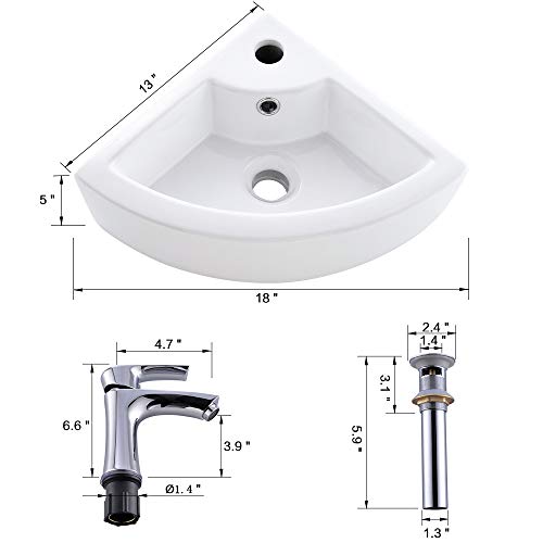 Bokaiya Small Wall Mount Corner Bathroom Sink And Faucet Combo With Overflow Triangle White Porcelain Ceramic Wall Mount Mini Vanity Space Bathroom Sink, Faucet And Drain Combo #TOP5