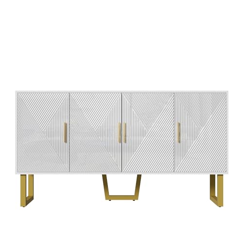 Azkoeesy Aparador 150 x 85 x 40 Blanco Brillante con Tiradores Dorados y Patas metálicas, Mueble Moderno para salón, Comedor y Cocina
