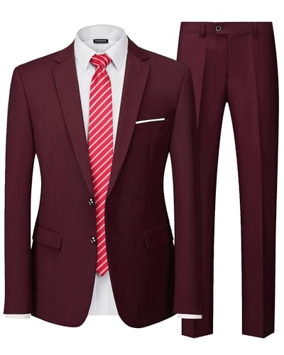 Hihawk Men's Slim Fit 2 Piece Suit, 2 Button Solid Jacket Pants Set