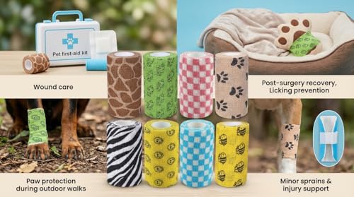 Image of Dog Bandage Cohesive Wrap for Paw & Leg | 10cm x 4.5m - Pack of 4 | Easy Tear, Fur Safe | Self Adhesive Elastic Vet Tape for Walking Protection, Wound Care & Licking Prevention Bandage Roll