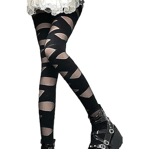 Mingnos Women's Sheer Striped Tights, Sheer and Opaque Cross Thick Bandaged Patterned Tights Funky Goth Pantyhose Stockings Black Cover