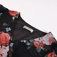 GRACE KARIN Damen Rüschenärmel V-Ausschnitt Midikleid A-Linie Blume Sommerkleid Mit Taschen Schwarz–Mehrfarbige Rose M – Ansicht 6
