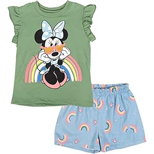 Disney Minnie Mouse Rainbow Floral July 4th T-Shirt and Twill Shorts Outfit Set Infant to Big Kid Sizes (12 Months – 14-16)