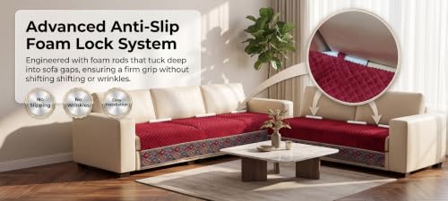 Image of Maroon Velvet Sofa Mat, L Shape 3+3 | Full Cover for Seat & Back, Anti-Skid, Machine Washable