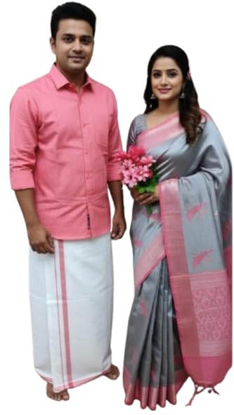 Elite Bridal Kupera Silk Saree & Cotton Shirt with Silk Cotton Dhoti Matching Set for Couples | 3D Embossed Design | Treditional Wear-picture-12