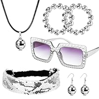 Feirdhoo Discokugel Kostüm Set, 5 Stück komplettes Disco Accessoires mit Halskette, Ohrringen, Discokugel Kopfschmuck, Ring, Brille für 70er Jahre Retro Party, Karneval & Fasching
