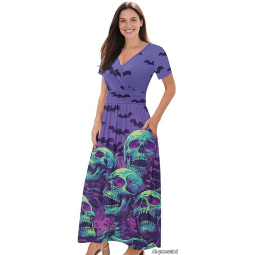 Image of Women's Fall Summer Short Sleeve Ankle Length V-Neck Party Dress with Pockets Size S-3XL