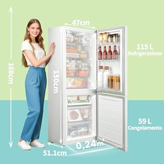 COMFEE' RCB169WH2(E) Frigorifero Combinato, 174L, Basso Gelo, Frigorifero Congelatore, Altezza 150 cm, Bassa Rumorosità 39 dB, Luce LED, Temperatura Regolabile, Bianco